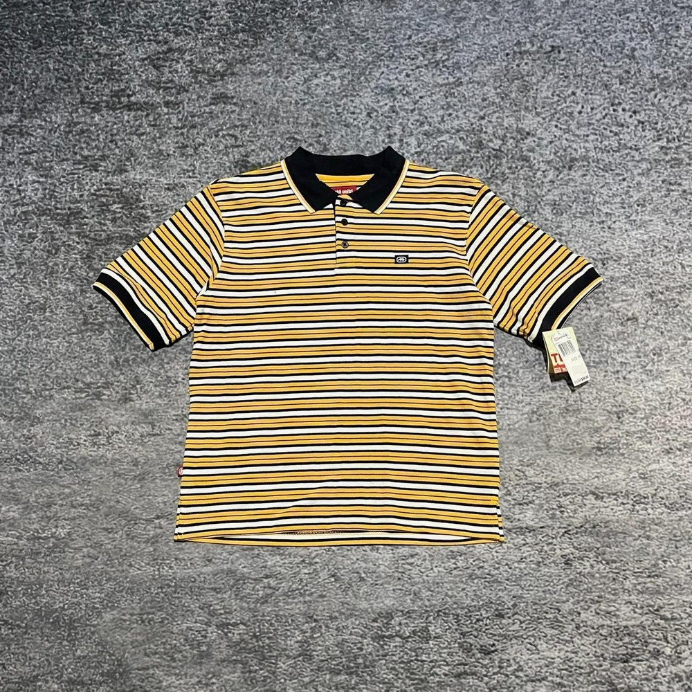 NWT VTG Ecko UNLTD Polo Shirt Striped Size Medium Yellow White Y2K Grunge Skater